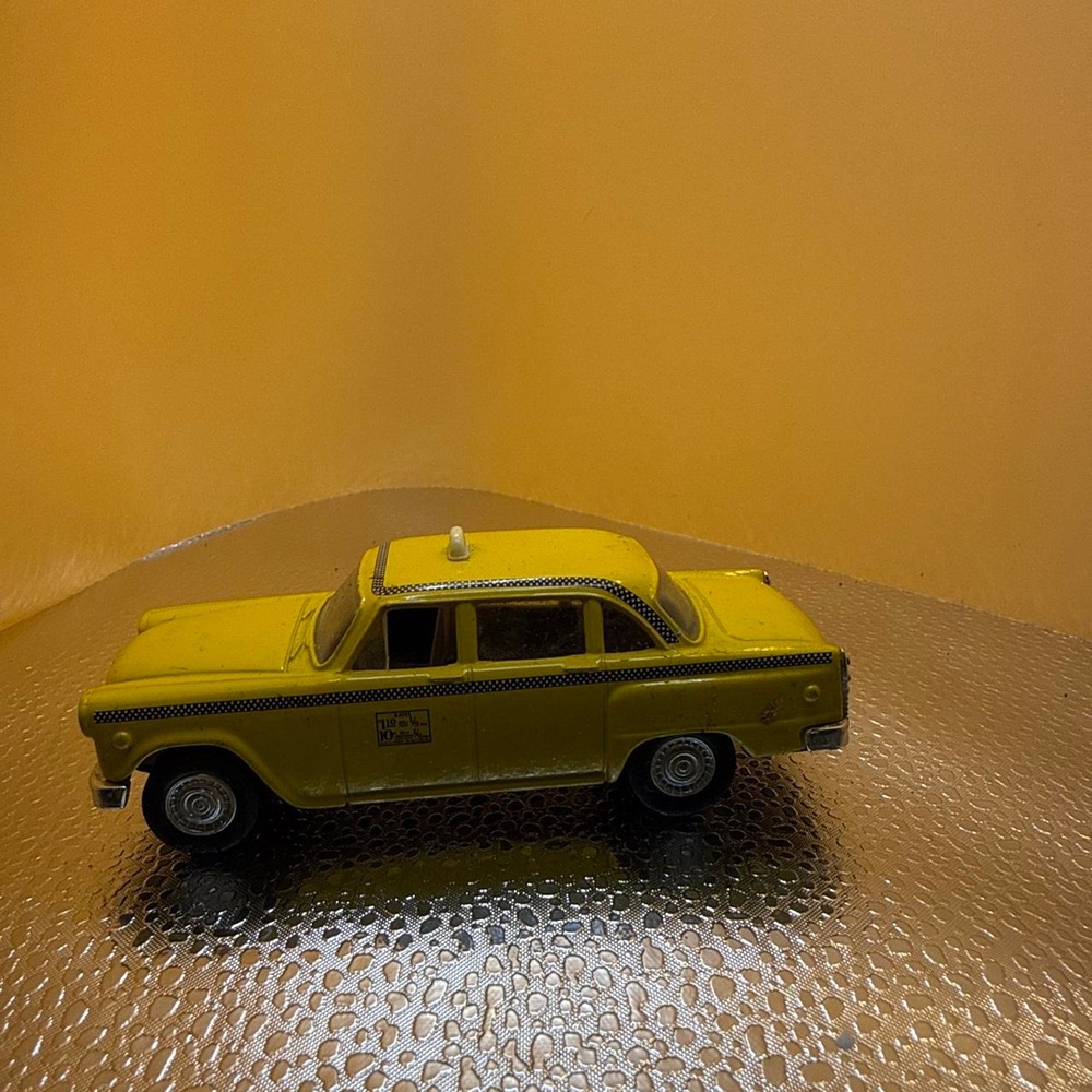 Vintage Yellow Diecast Taxi Cab Toy Checkered Trim Collectible Sedan